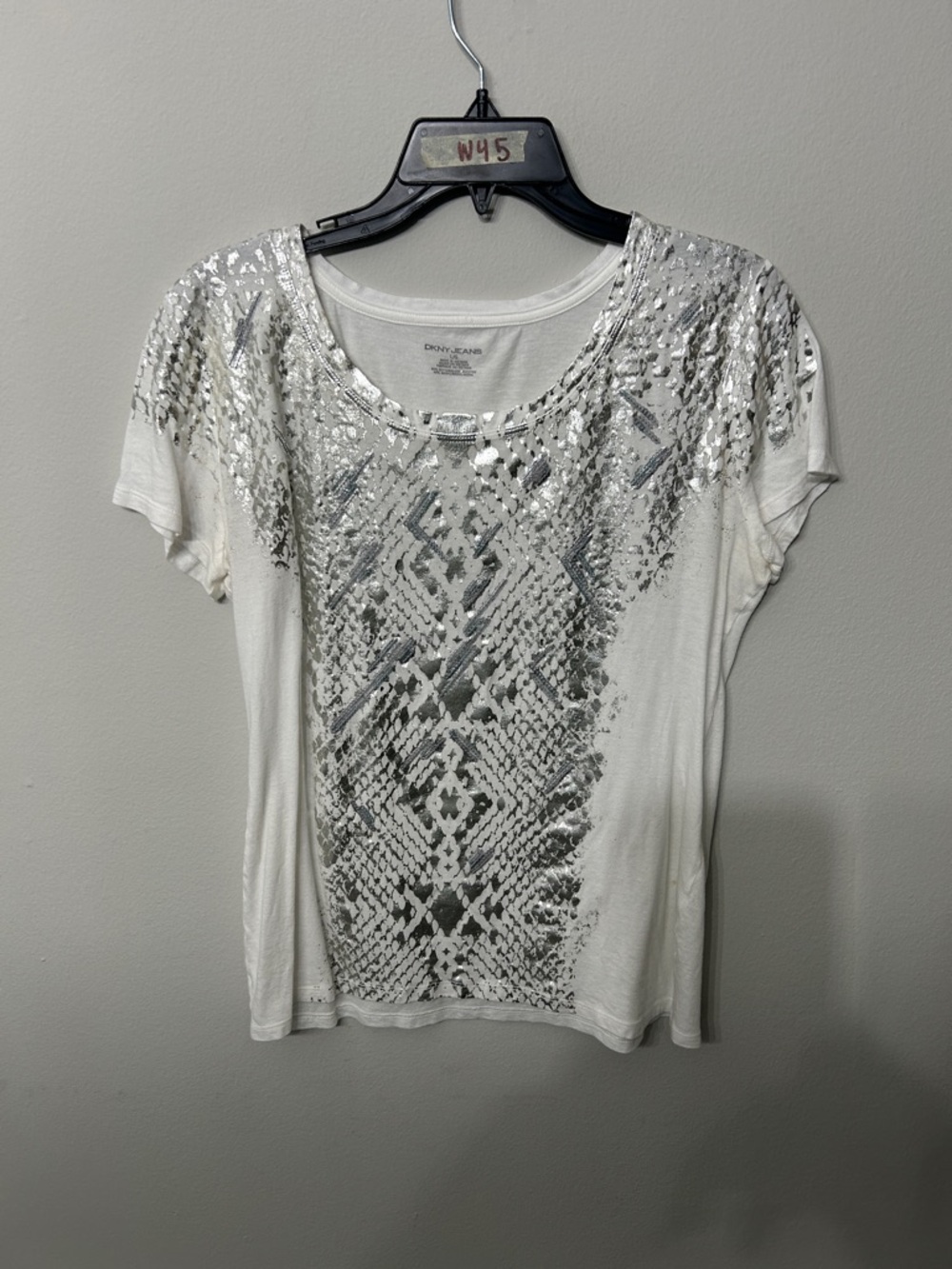 Women’s DKNY Jeans White Silver Metallic Print Tee Size Large